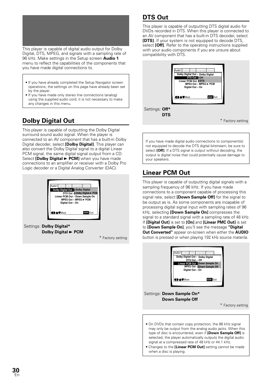Setting the digital audio output to be, Compatible with your av component, Dolby digital out | Dts out, Linear pcm out | Pioneer DV-S88A User Manual | Page 30 / 72