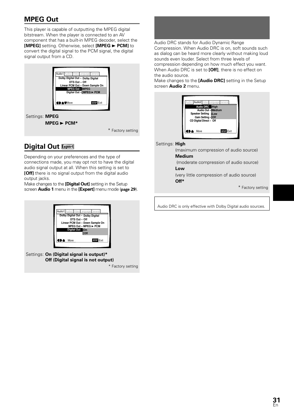 Setting analog audio connections to an av, Amplifier or receiver, Digital out | Mpeg out, Adjusting audio and video settings | Pioneer DV-S88A User Manual | Page 31 / 72