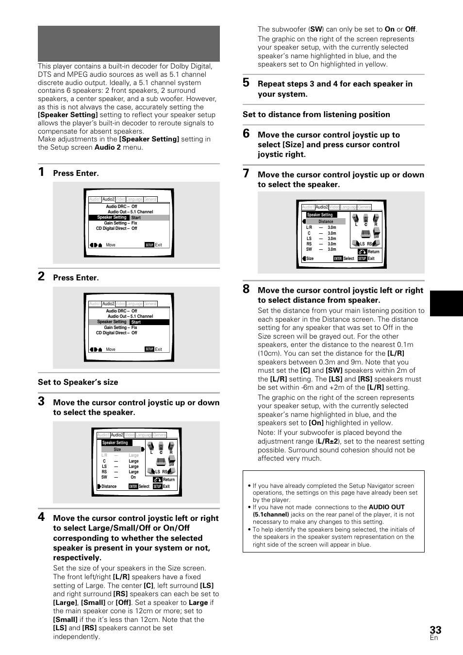 Setting your speaker system for multichannel, Audio playback, Adjusting audio and video settings | Press enter, Set to speaker’s size | Pioneer DV-S88A User Manual | Page 33 / 72