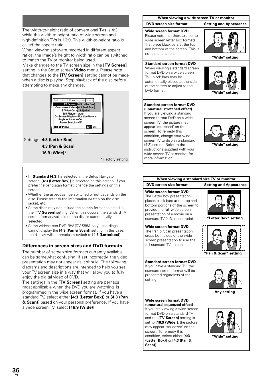 Setting the tv screen size, Differences in screen sizes and dvd formats | Pioneer DV-S88A User Manual | Page 36 / 72