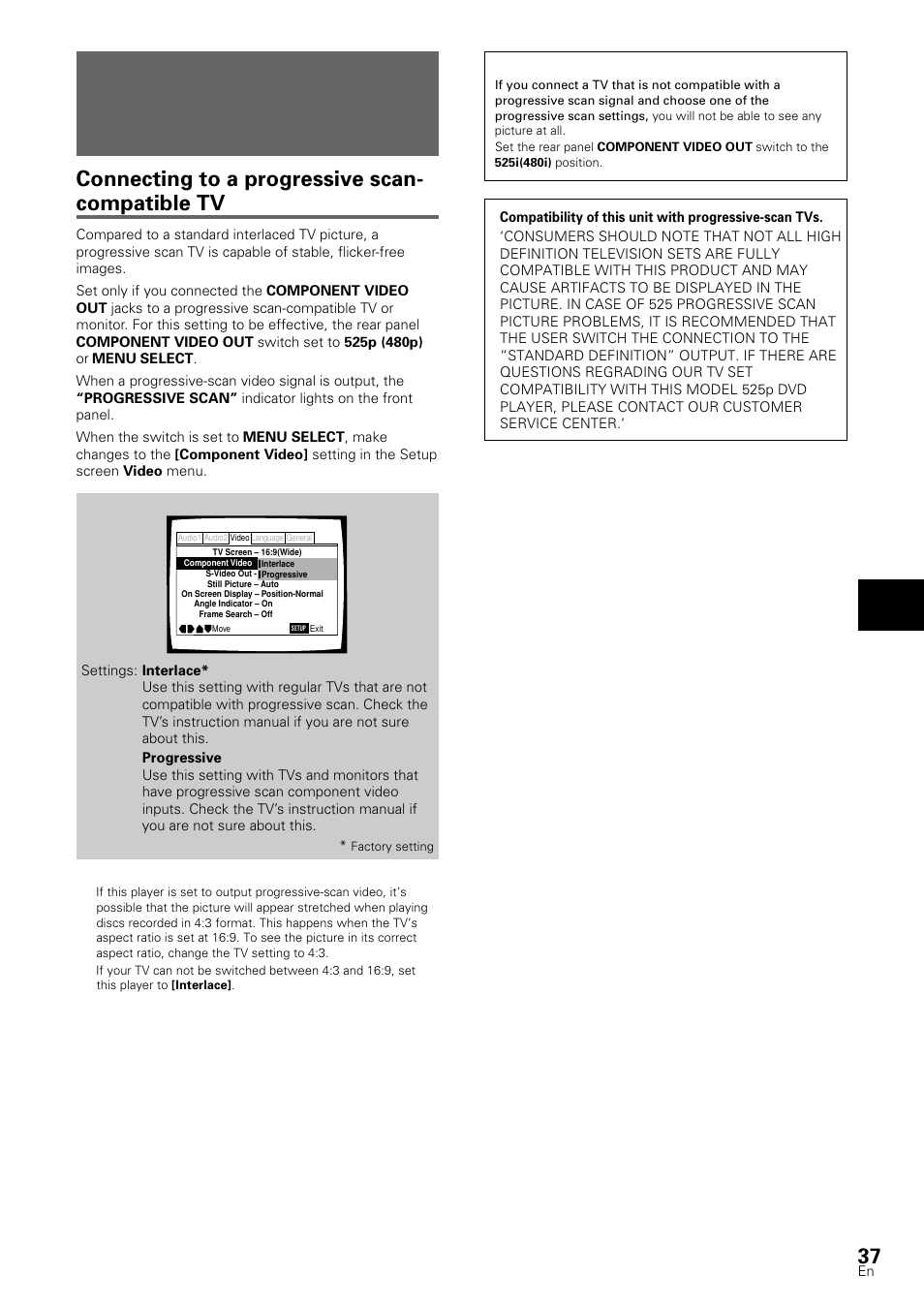 525 line digital progressive scan compatible, Video output, Connecting to a progressive scan- compatible tv | Adjusting audio and video settings | Pioneer DV-S88A User Manual | Page 37 / 72