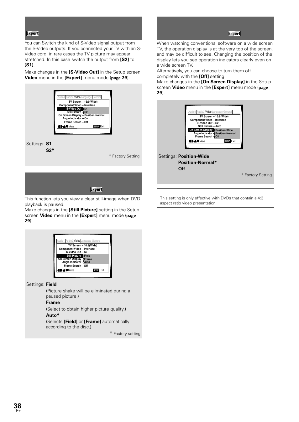 Setting the position of the on-screen display, Selecting the type of paused image to display, Switching the s-video output | Pioneer DV-S88A User Manual | Page 38 / 72
