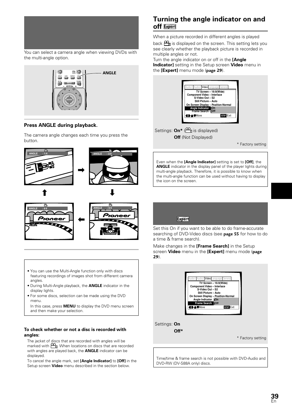 Viewing from a desired camera angle (multi, Angle), Selecting the type of search mode | Viewing from a desired camera angle (multi-angle), Turning the angle indicator on and off, Adjusting audio and video settings, Press angle during playback, Dvd-video | Pioneer DV-S88A User Manual | Page 39 / 72