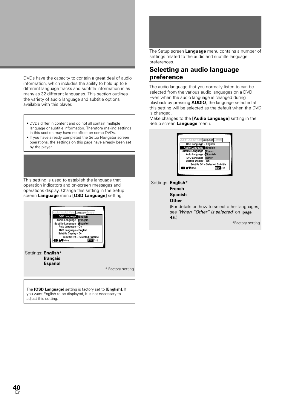Setting the language options, Setting the on-screen display (osd) language, Setting language and subtitle preferences in | The setup screen menus, Selecting an audio language preference | Pioneer DV-S88A User Manual | Page 40 / 72