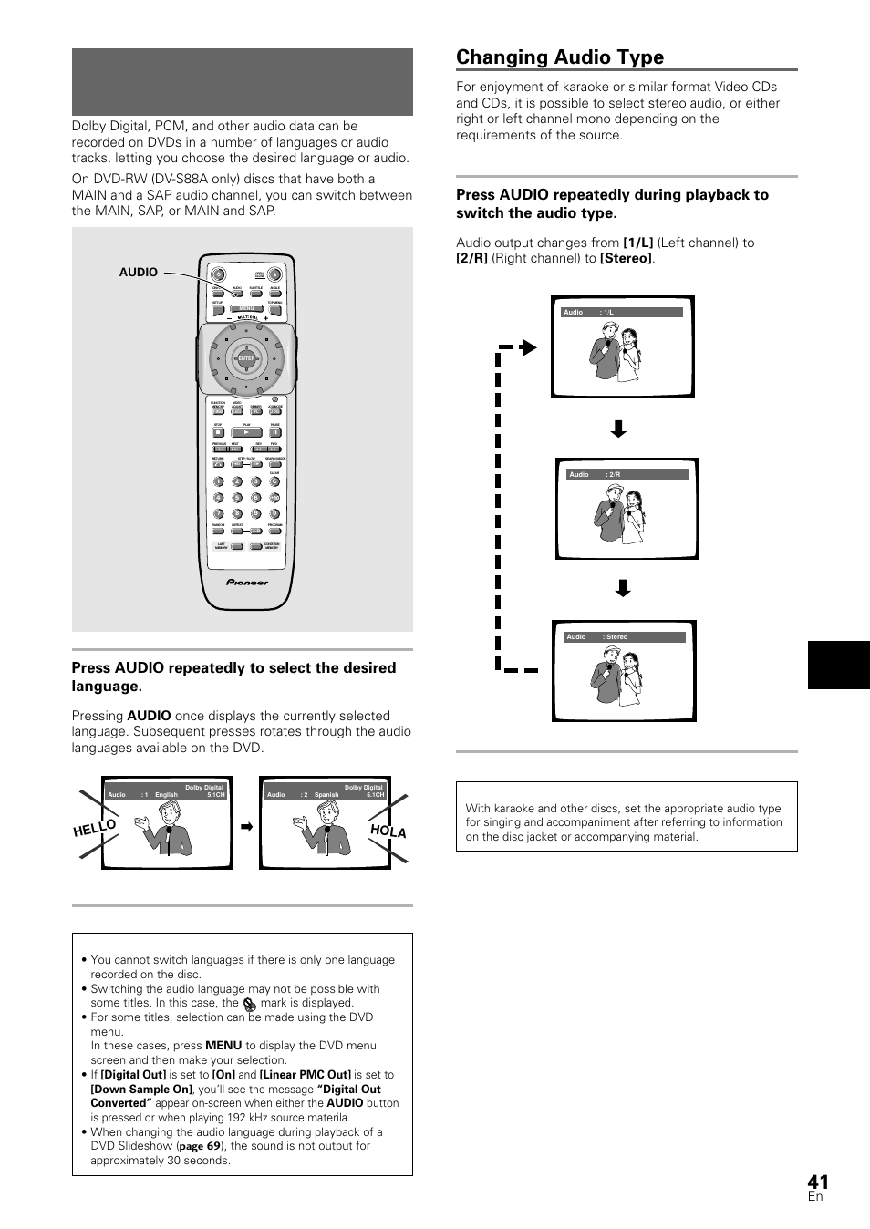 Changing the audio language, Multi-language function), Changing audio type | Setting the language options, Video cd/cd, Hello hola, Audio | Pioneer DV-S88A User Manual | Page 41 / 72