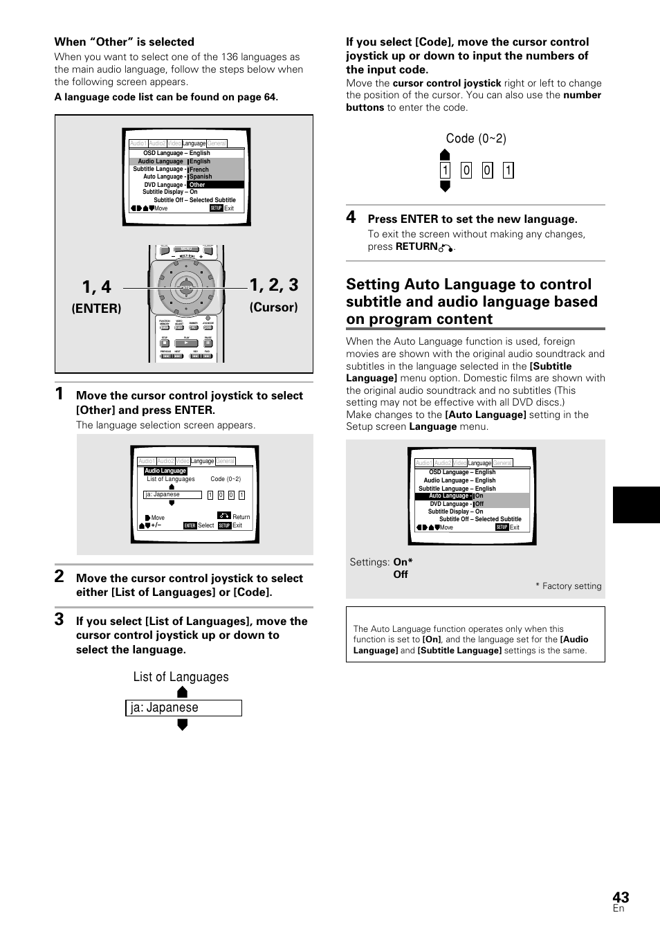 Ja: japanese list of languages, Enter), Cursor) | Setting the language options, When “other” is selected, Press enter to set the new language, The language selection screen appears | Pioneer DV-S88A User Manual | Page 43 / 72