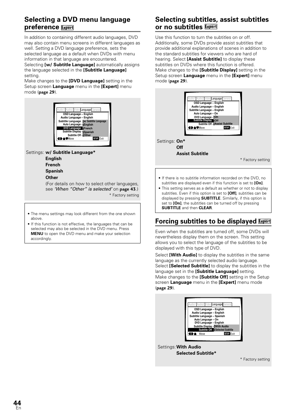 Selecting a dvd menu language preference, Forcing subtitles to be displayed, When “other” is selected | Pioneer DV-S88A User Manual | Page 44 / 72