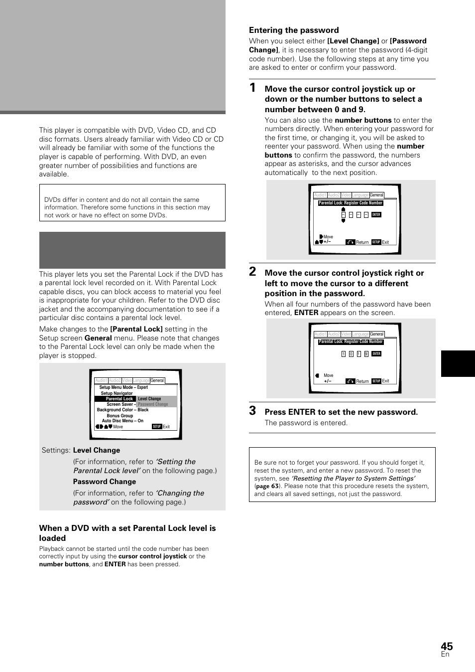 Advanced functions, Setting the parental lock level, Setting the language options / adv anced functions | Entering the password, Press enter to set the new password | Pioneer DV-S88A User Manual | Page 45 / 72