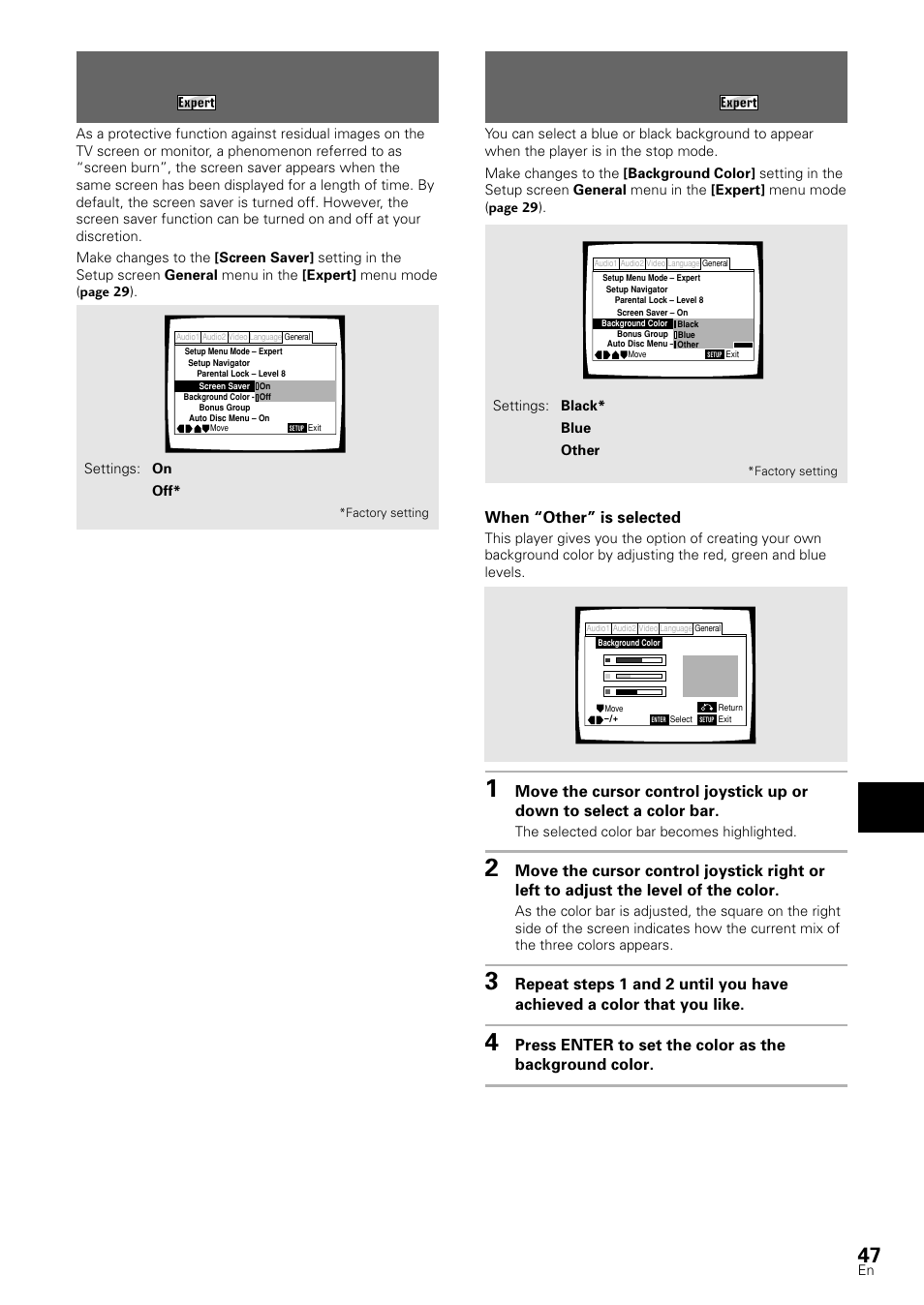 Turning the screen saver on and off, Changing the background color of the screen, Adv anced functions | When “other” is selected | Pioneer DV-S88A User Manual | Page 47 / 72