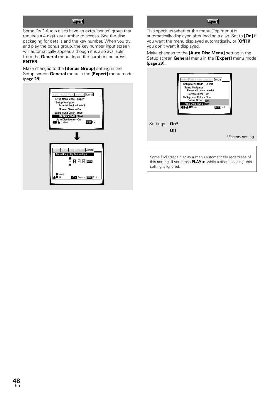 Changing the background color of the screen, Bonus group auto disc menu, Bonus group | Auto disc menu | Pioneer DV-S88A User Manual | Page 48 / 72