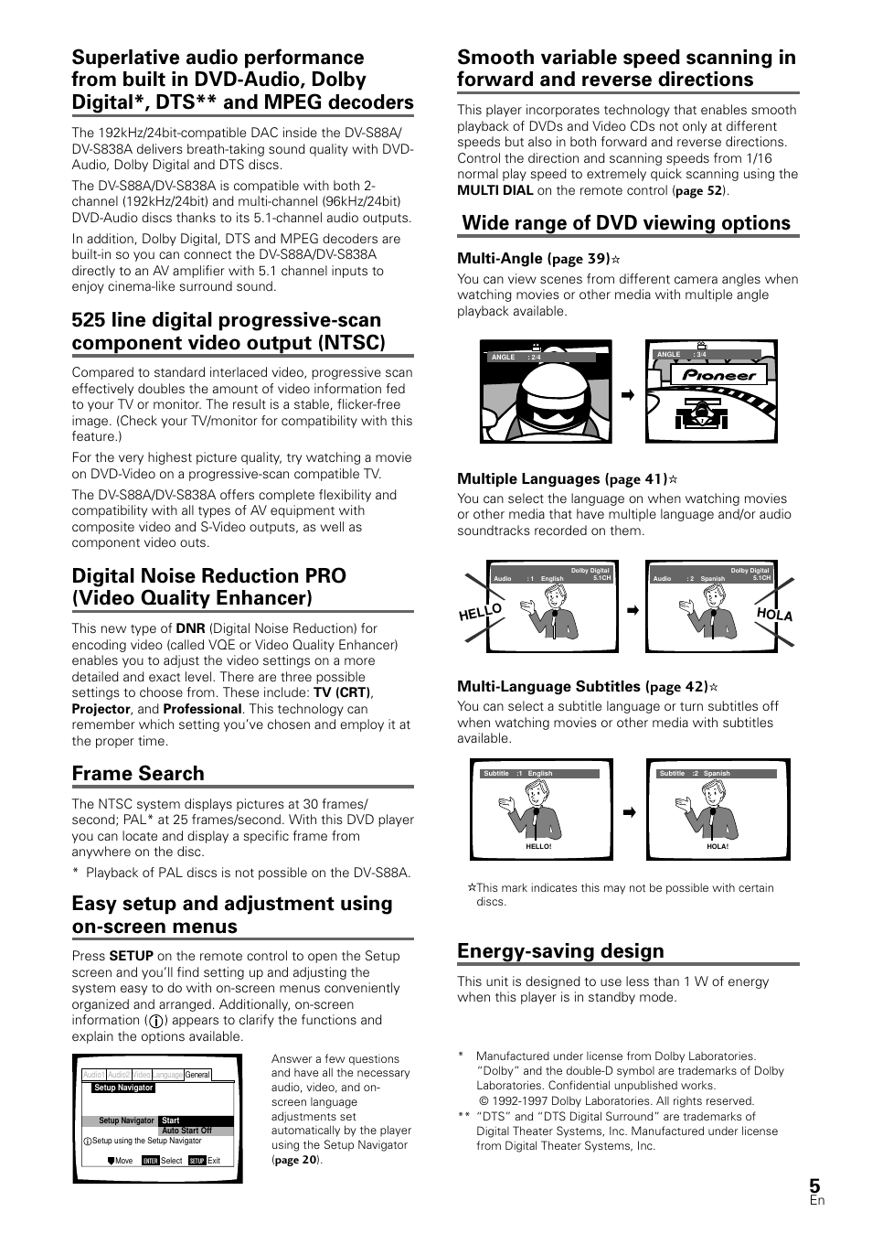 Wide range of dvd viewing options, Energy-saving design, Frame search | Easy setup and adjustment using on-screen menus, Multi-angle (page 39), Multiple languages (page 41), Multi-language subtitles (page 42) | Pioneer DV-S88A User Manual | Page 5 / 72