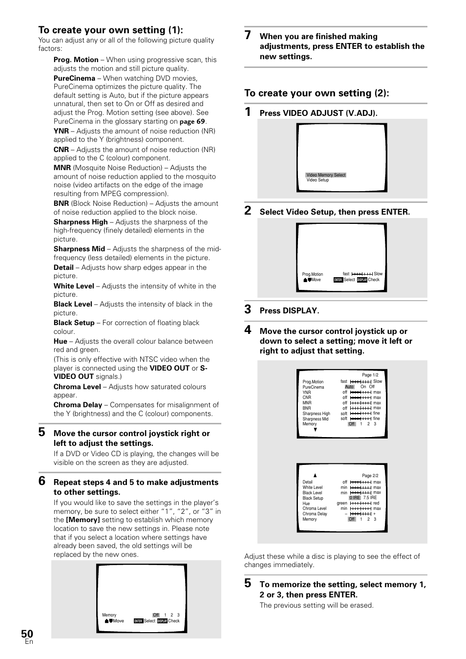 Press video adjust (v.adj), Select video setup, then press enter, Press display | Pioneer DV-S88A User Manual | Page 50 / 72