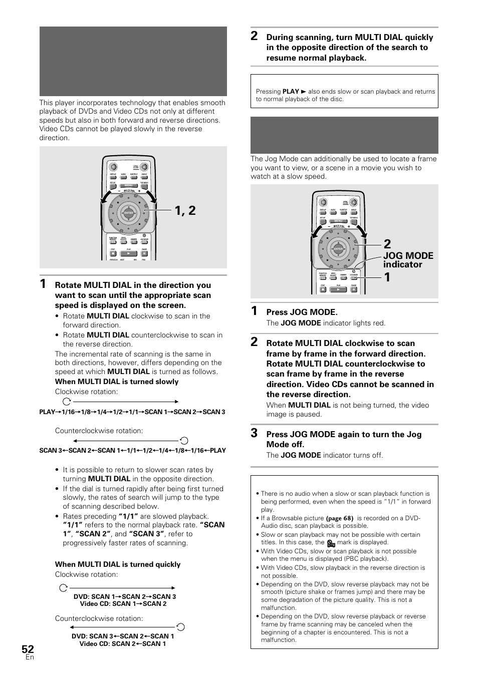 Scanning in forward and reverse directions at, Different speeds, Manual scanning using the jog mode | Jog mode indicator, Dvd/video cd, Press jog mode, Press jog mode again to turn the jog mode off, The jog mode indicator lights red | Pioneer DV-S88A User Manual | Page 52 / 72