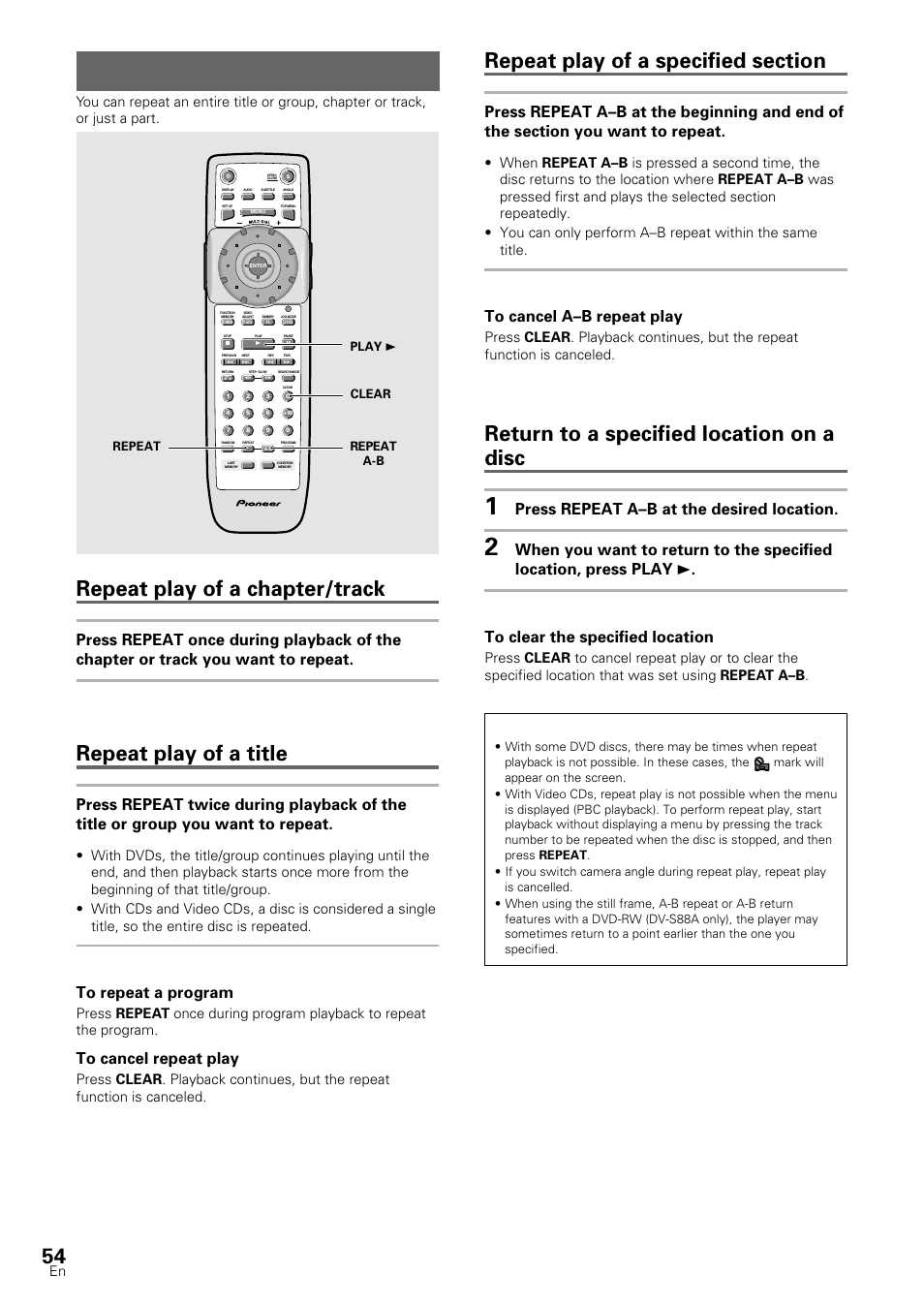 Repeat play, Repeat play of a chapter/track, Repeat play of a title | Return to a specified location on a disc, Dvd/video cd/cd, Press repeat a–b at the desired location | Pioneer DV-S88A User Manual | Page 54 / 72