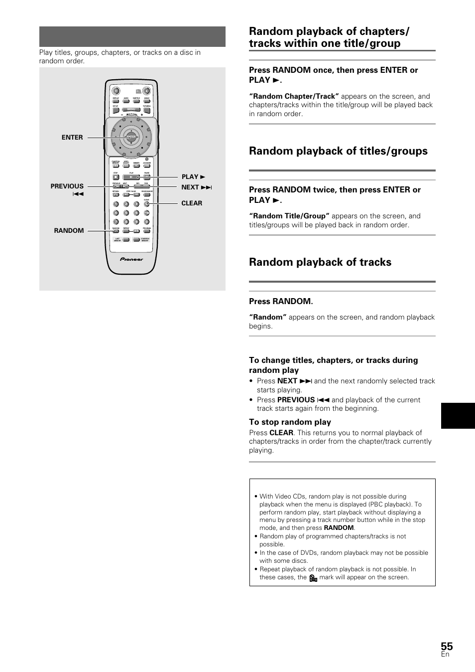 Random play, Random playback of titles/groups, Random playback of tracks | Adv anced functions, Dvd press random once, then press enter or play 3, Dvd press random twice, then press enter or play 3, Video cd/cd press random, Dvd/video cd/cd | Pioneer DV-S88A User Manual | Page 55 / 72