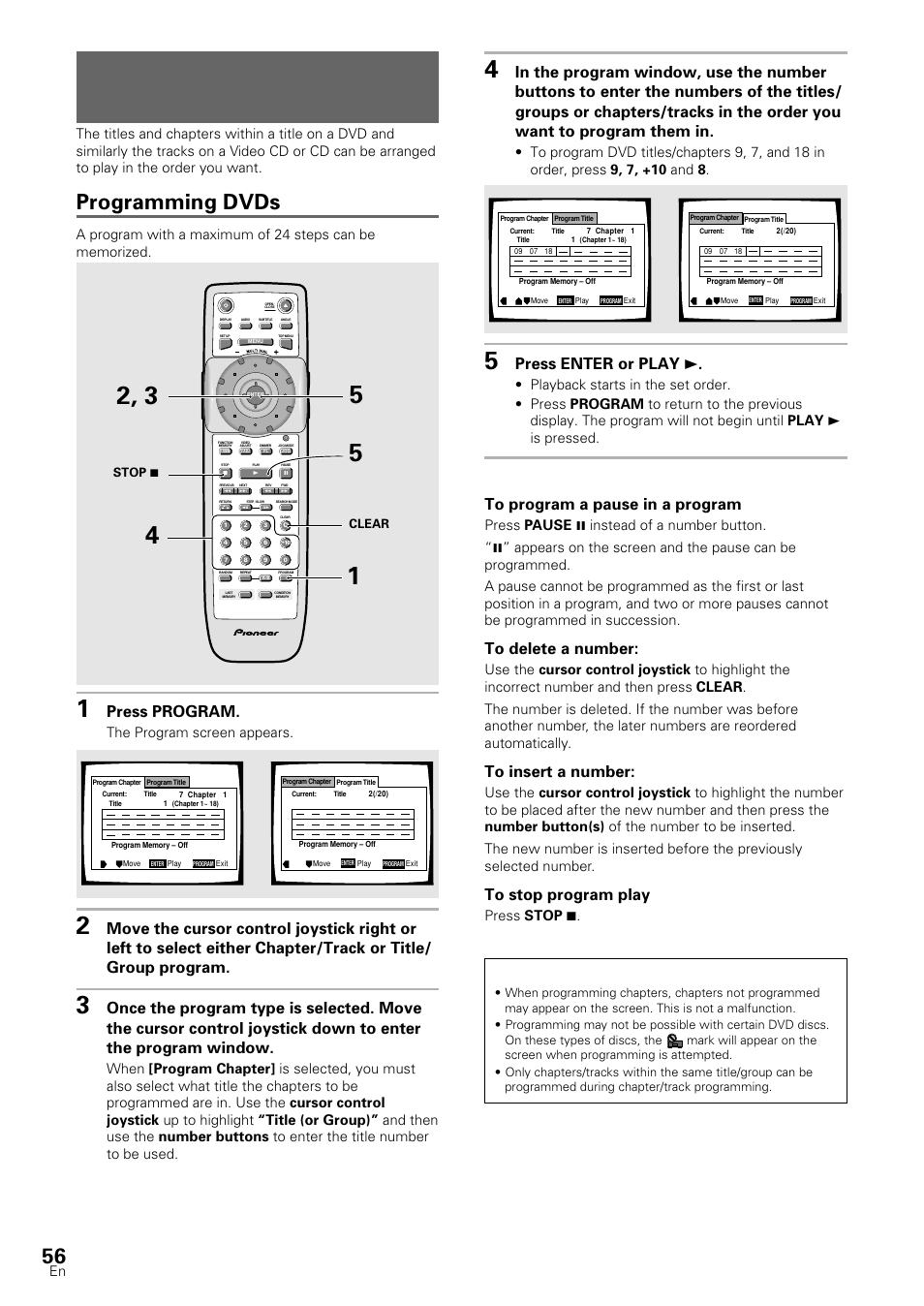 Playback in a desired order (program play), Programming dvds, Press program | Press enter or play 3, Dvd/video cd/cd, The program screen appears | Pioneer DV-S88A User Manual | Page 56 / 72