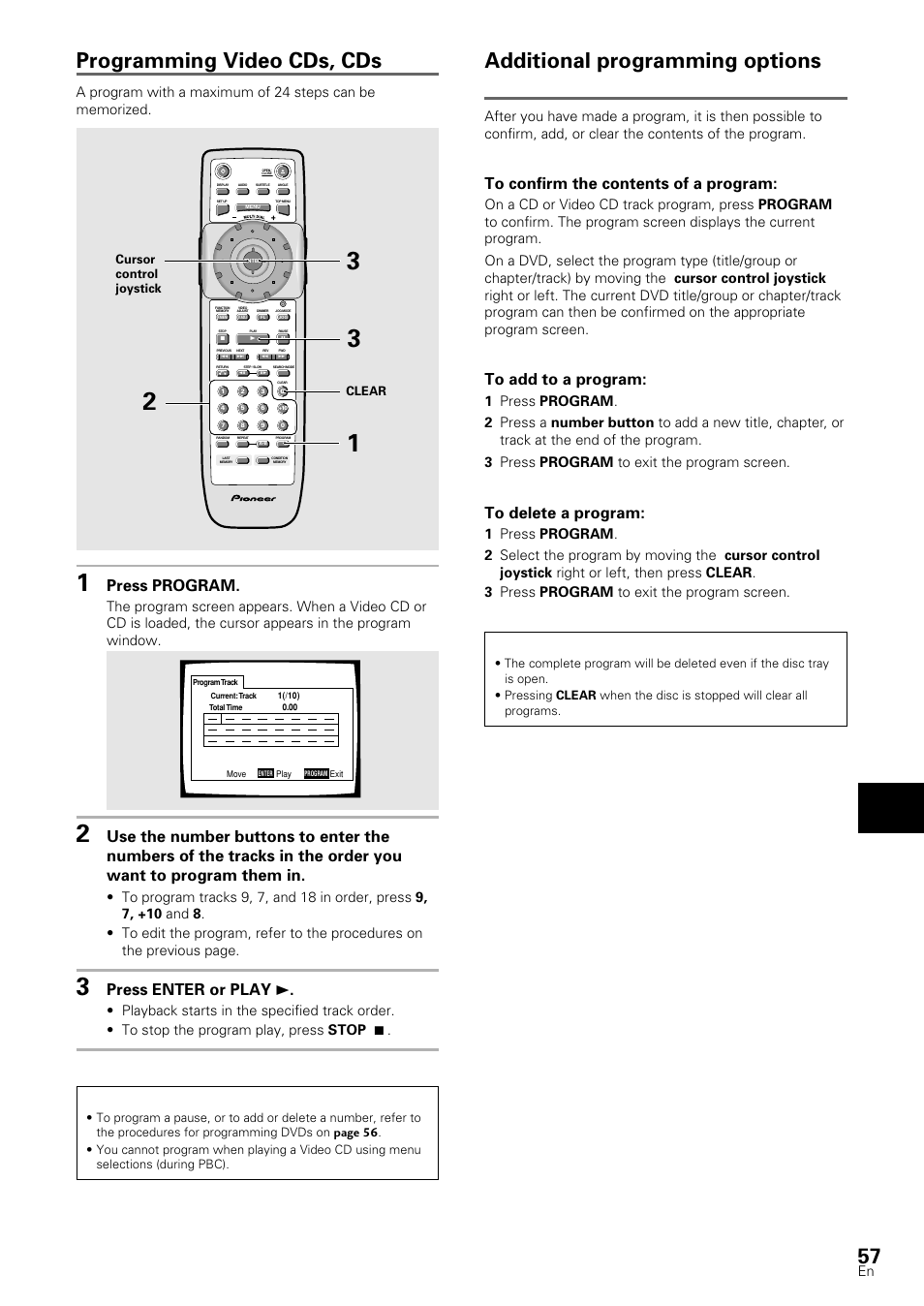 Additional programming options, Programming video cds, cds, Adv anced functions | Dvd/video cd/cd, Press program, Press enter or play 3 | Pioneer DV-S88A User Manual | Page 57 / 72