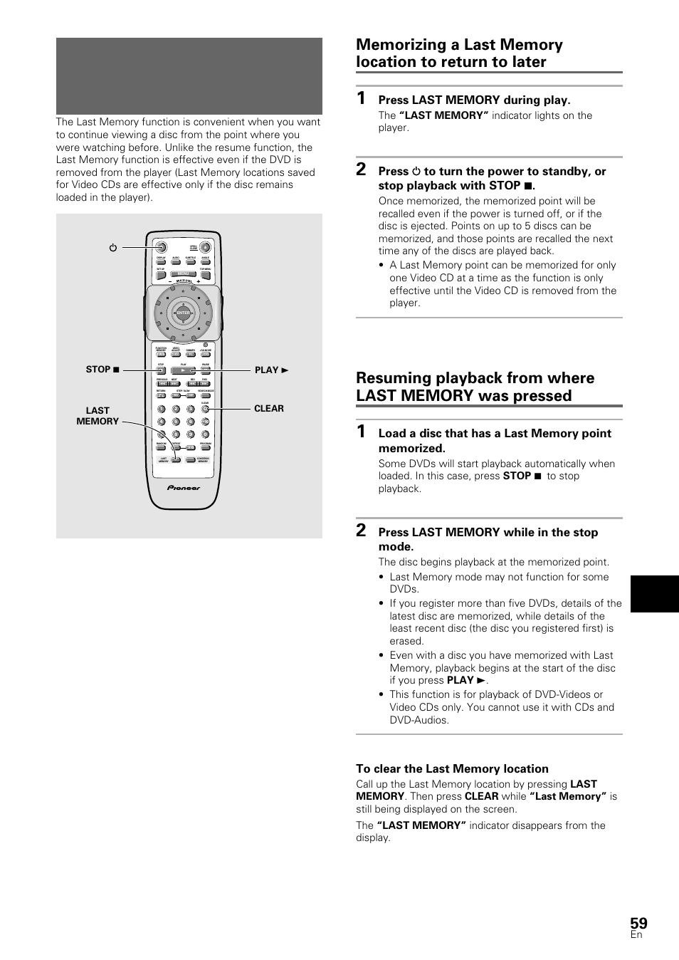 Continuing playback from a specified location, Last memory), Adv anced functions | Dvd-video/video cd | Pioneer DV-S88A User Manual | Page 59 / 72