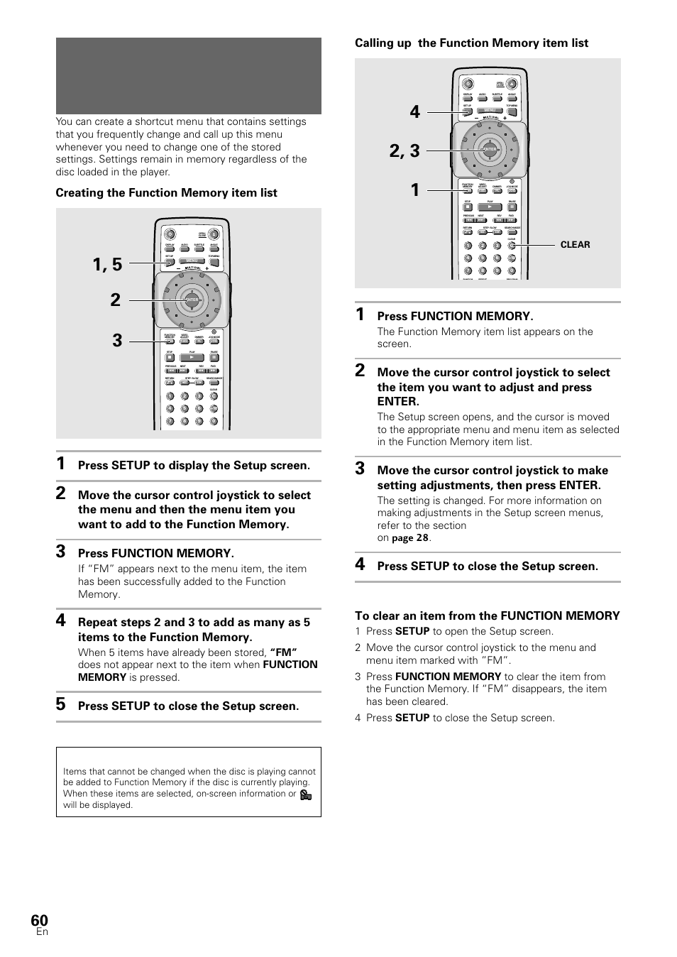 Memorizing regularly used menu settings, Function memory), Dvd/video cd/cd | Press setup to display the setup screen, Press setup to close the setup screen, Clear | Pioneer DV-S88A User Manual | Page 60 / 72
