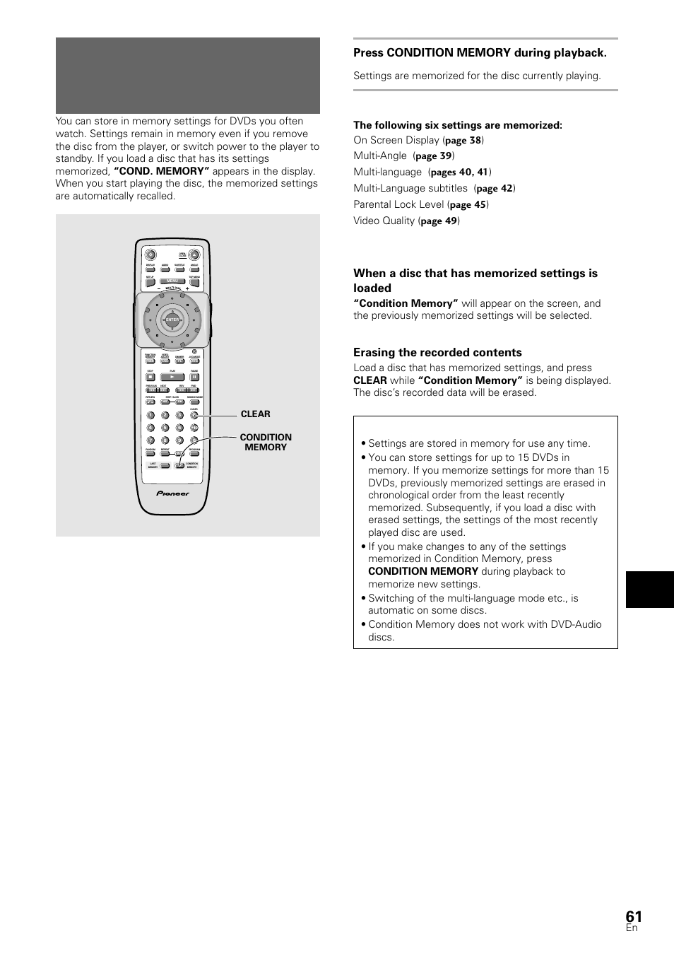 Memorizing settings for often viewed dvds, Condition memory), Adv anced functions | Erasing the recorded contents, Dvd-video, Clear | Pioneer DV-S88A User Manual | Page 61 / 72