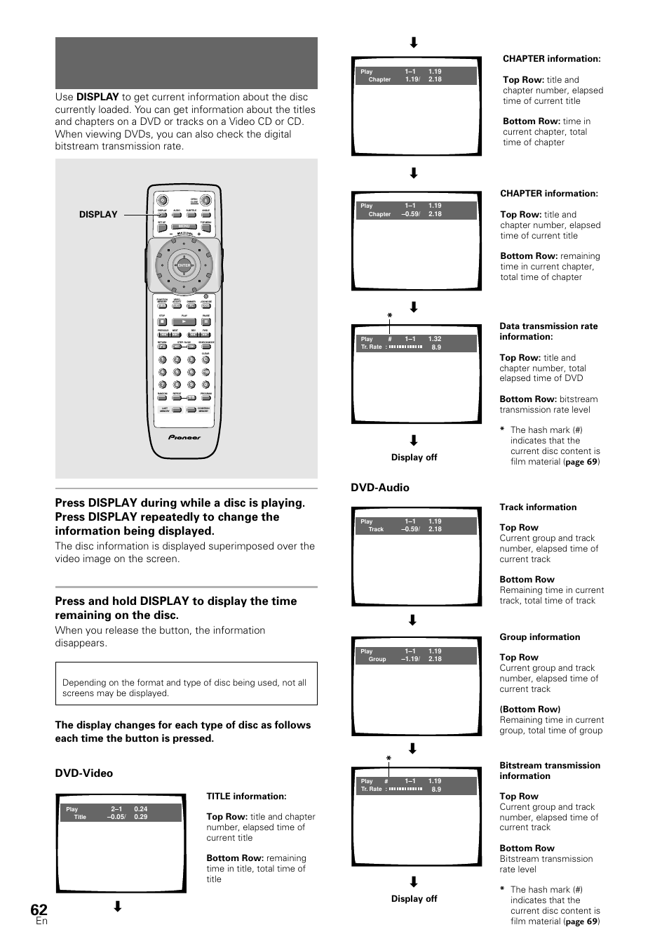 Viewing disc information, Dvd/video cd/cd, Dvd-video | Dvd-audio, Display, Display off | Pioneer DV-S88A User Manual | Page 62 / 72