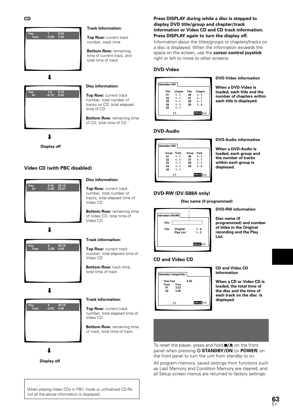 Resetting the player to system settings, Adv anced functions, Cd and video cd dvd-video | Video cd (with pbc disabled), Dvd-audio, Dvd-rw (dv-s88a only) | Pioneer DV-S88A User Manual | Page 63 / 72