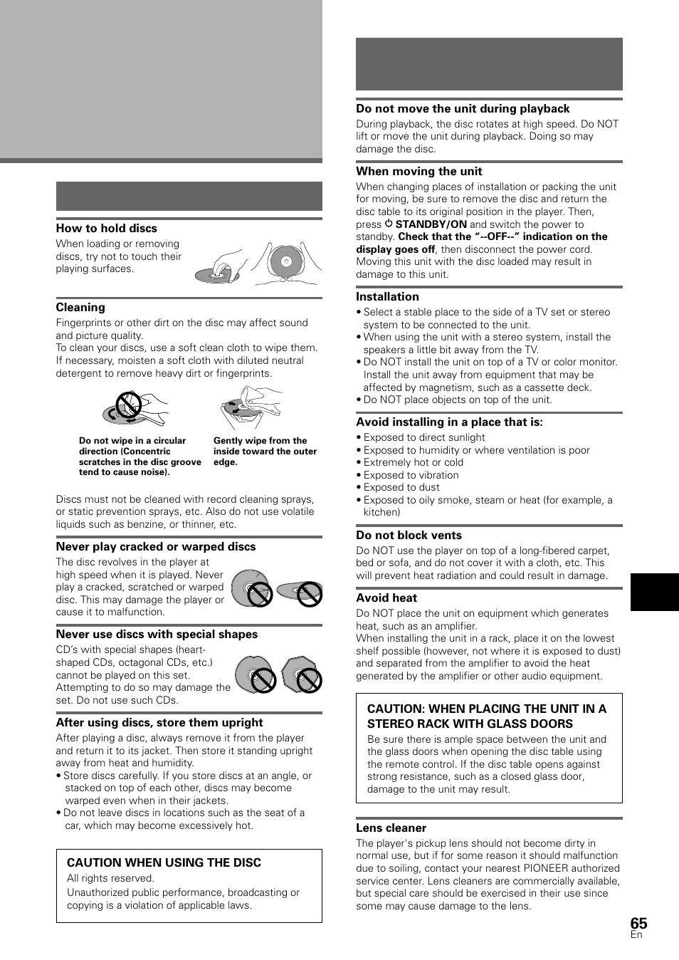 Additional information, Disc care for proper and long use of this unit, Disc care | For proper and long use of this unit | Pioneer DV-S88A User Manual | Page 65 / 72