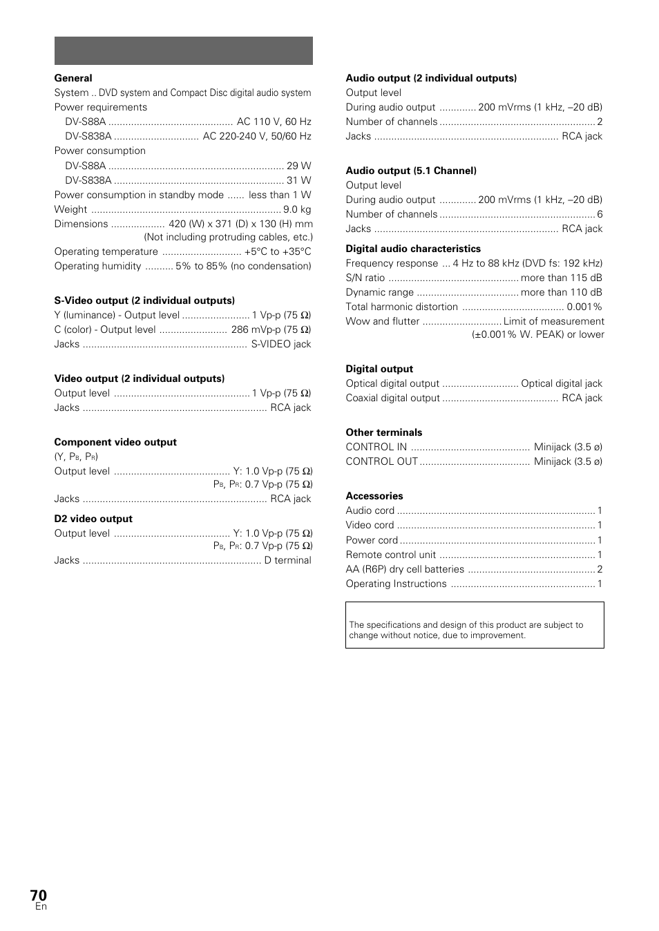 Specifications | Pioneer DV-S88A User Manual | Page 70 / 72