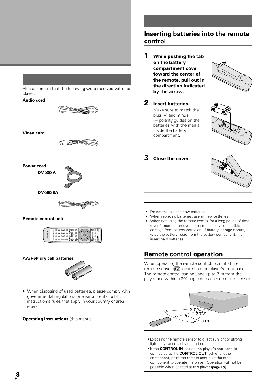 Before using, Checking accessories preparing the remote control, Preparing the remote control | Checking accessories, Inserting batteries into the remote control, Remote control operation, Insert batteries, Close the cover | Pioneer DV-S88A User Manual | Page 8 / 72