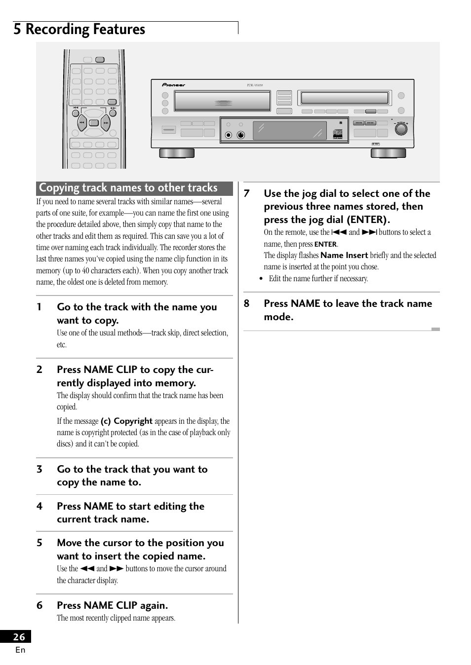 Copying track names to other tracks, 5 recording features, 1go to the track with the name you want to copy | 6press name clip again, 8press name to leave the track name mode, The most recently clipped name appears | Pioneer PDR-W839 User Manual | Page 26 / 52