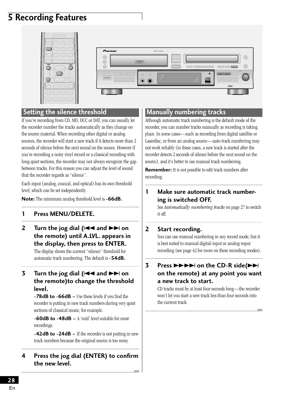 5 recording features, Setting the silence threshold, Manually numbering tracks | 2start recording | Pioneer PDR-W839 User Manual | Page 28 / 52