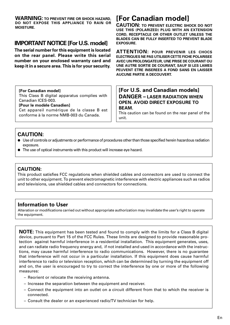 For canadian model, Important notice [for u.s. model, Caution | Warning, For u.s. and canadian models] danger, Information to user | Pioneer PDR-W839 User Manual | Page 3 / 52
