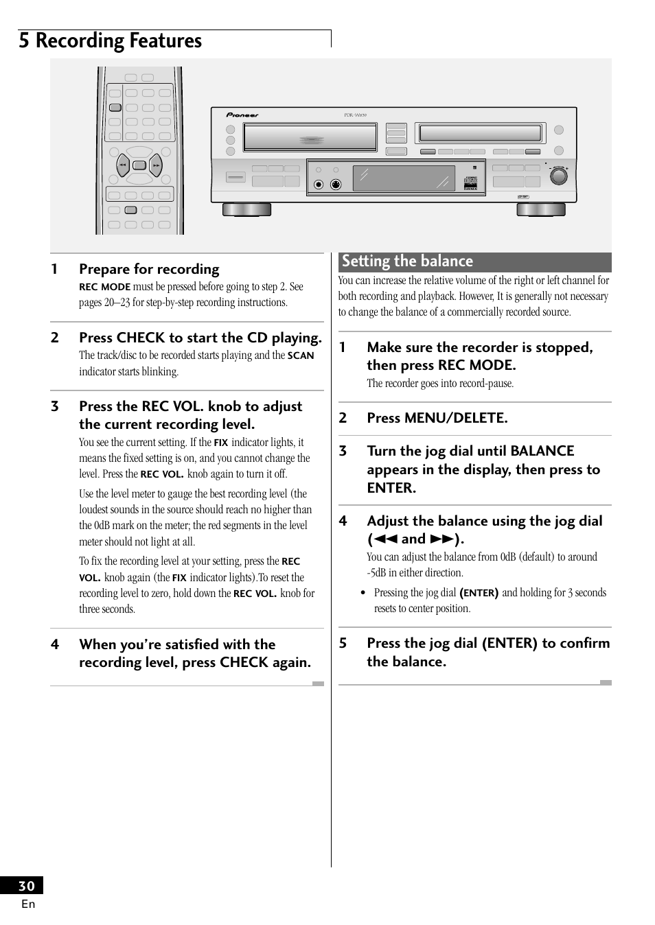 Setting the balance, 5 recording features, 2press check to start the cd playing | Pioneer PDR-W839 User Manual | Page 30 / 52