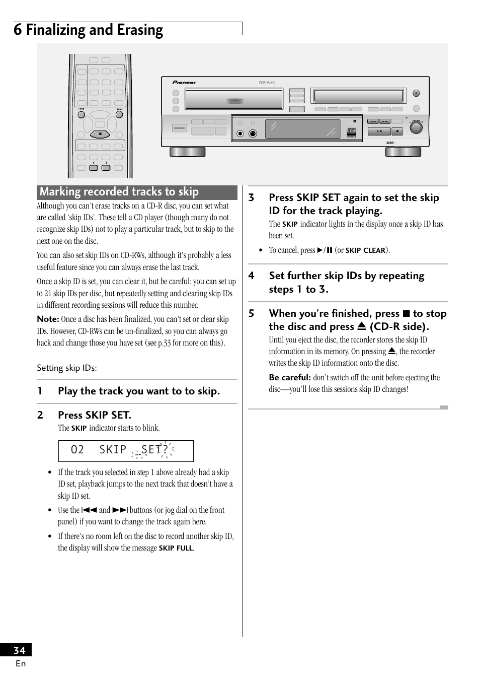 Marking recorded tracks to skip, 6 finalizing and erasing, O2 skip set | Indicator starts to blink | Pioneer PDR-W839 User Manual | Page 34 / 52