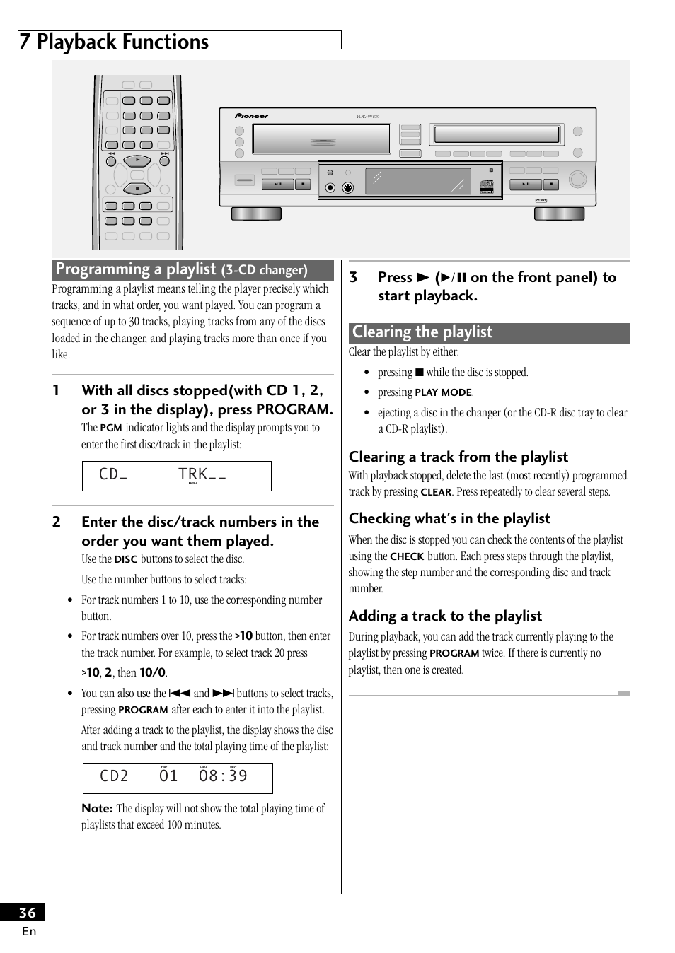 7 playback functions, Programming a playlist, Clearing the playlist | Cd– trk, 3press 3 ( 6 on the front panel) to start playback, Clearing a track from the playlist, Checking what's in the playlist, Adding a track to the playlist, Cd changer), Use the | Pioneer PDR-W839 User Manual | Page 36 / 52