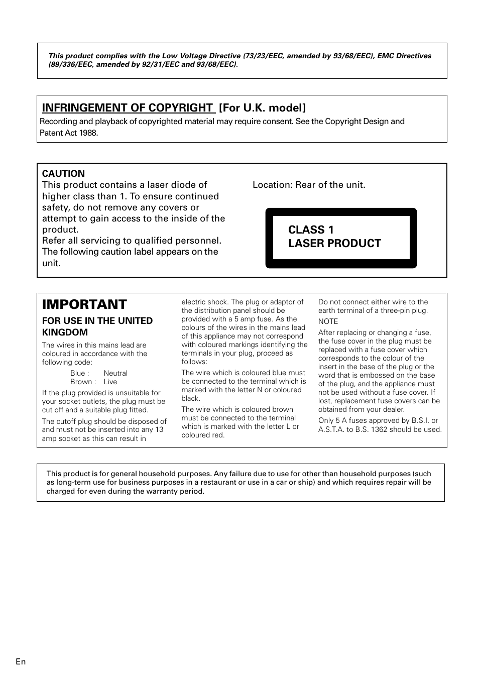 Important, Infringement of copyright [for u.k. model, Class 1 laser product | Pioneer PDR-W839 User Manual | Page 4 / 52