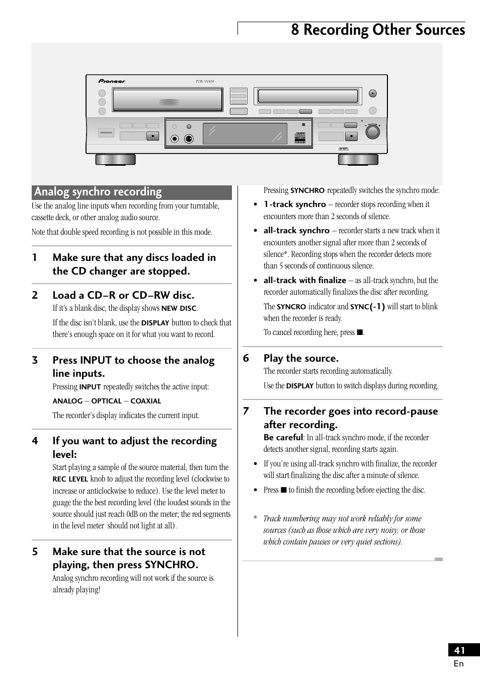 Analog synchro recording, 8 recording other sources, 3press input to choose the analog line inputs | 4if you want to adjust the recording level, 6play the source | Pioneer PDR-W839 User Manual | Page 41 / 52