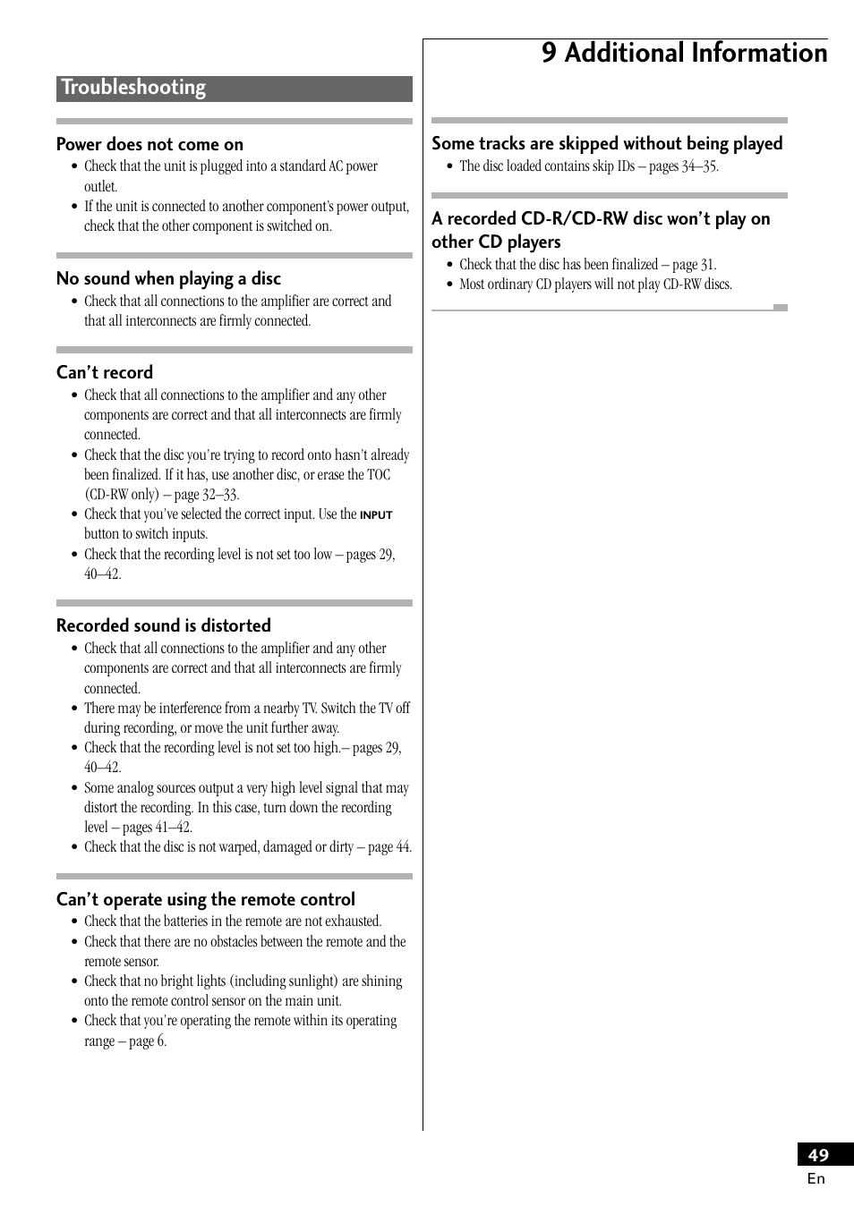 Troubleshooting, 9 additional information | Pioneer PDR-W839 User Manual | Page 49 / 52