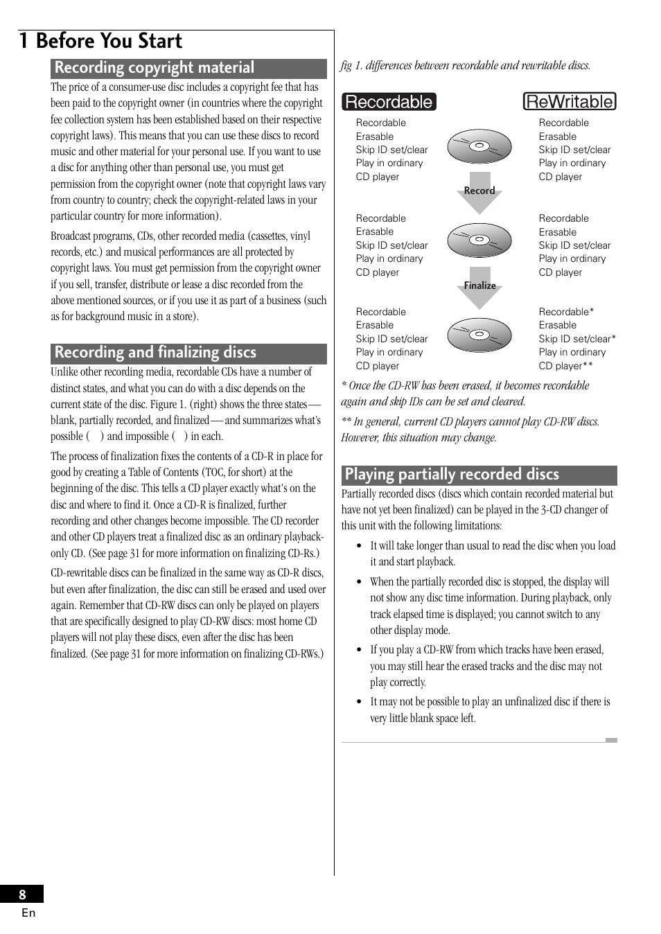 1 before you start, Recording and finalizing discs, Playing partially recorded discs | Recording copyright material | Pioneer PDR-W839 User Manual | Page 8 / 52