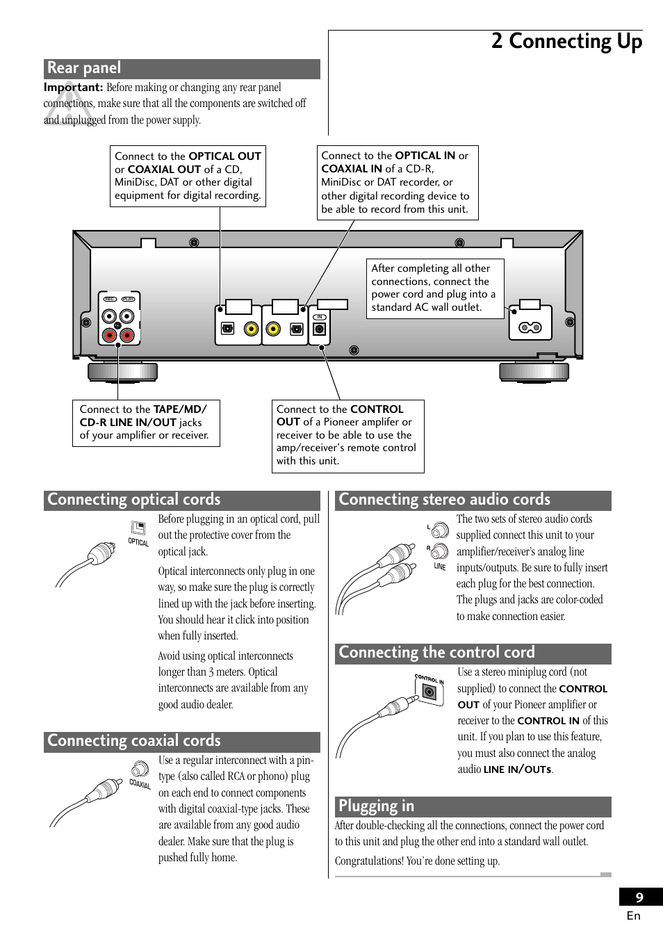 2 connecting up, Rear panel, Connecting optical cords | Connecting coaxial cords, Connecting stereo audio cords, Connecting the control cord, Plugging in | Pioneer PDR-W839 User Manual | Page 9 / 52