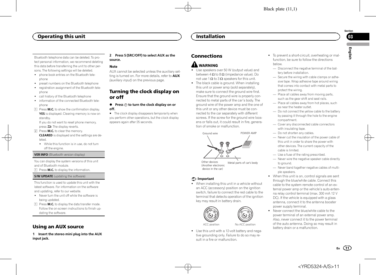 Using an aux source, Turning the clock display on or off, Connections | Operating this unit 03, Installation | Pioneer DEH-73BT User Manual | Page 11 / 64