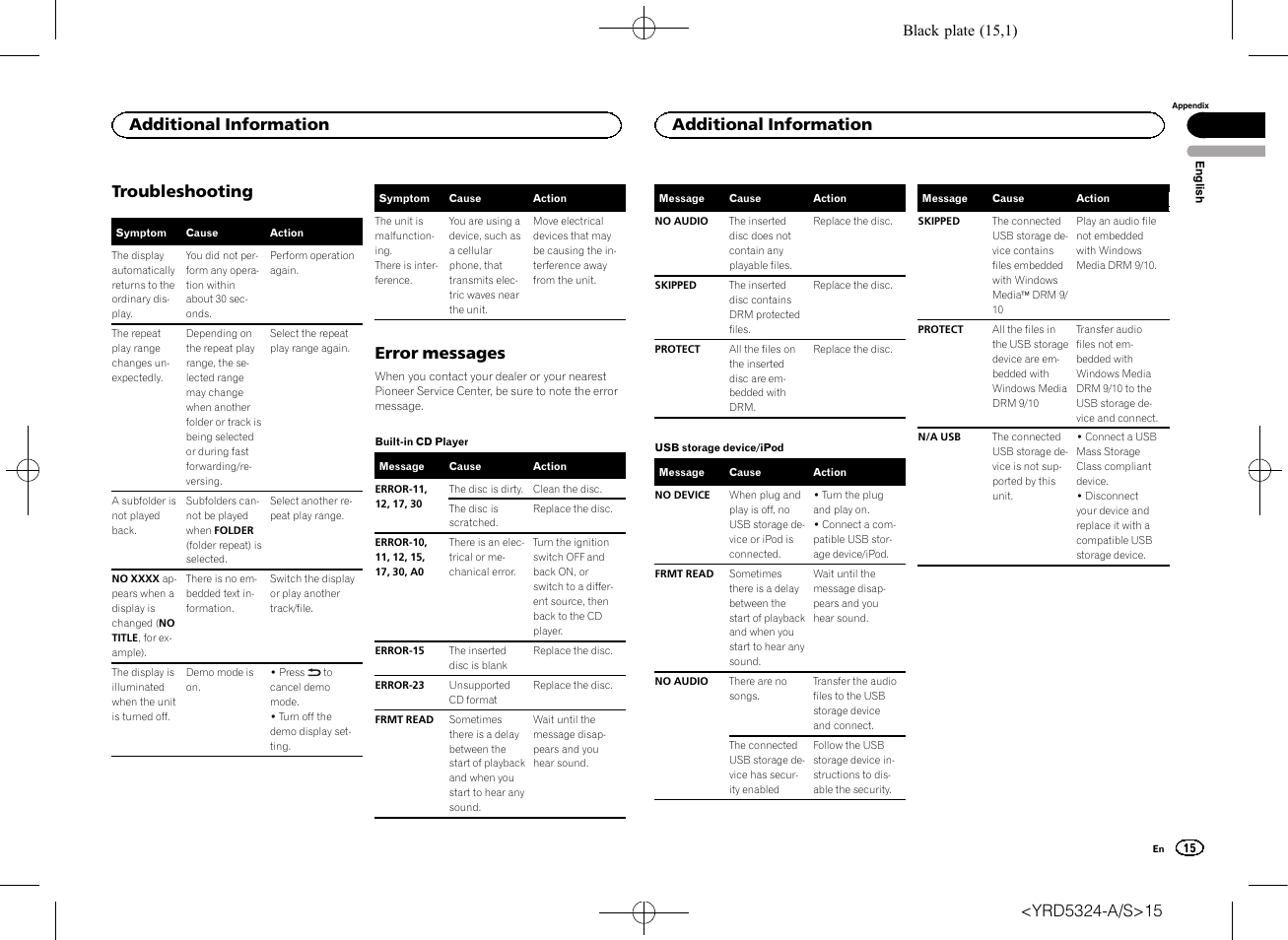 Troubleshooting, Error messages, Additional information | Pioneer DEH-73BT User Manual | Page 15 / 64