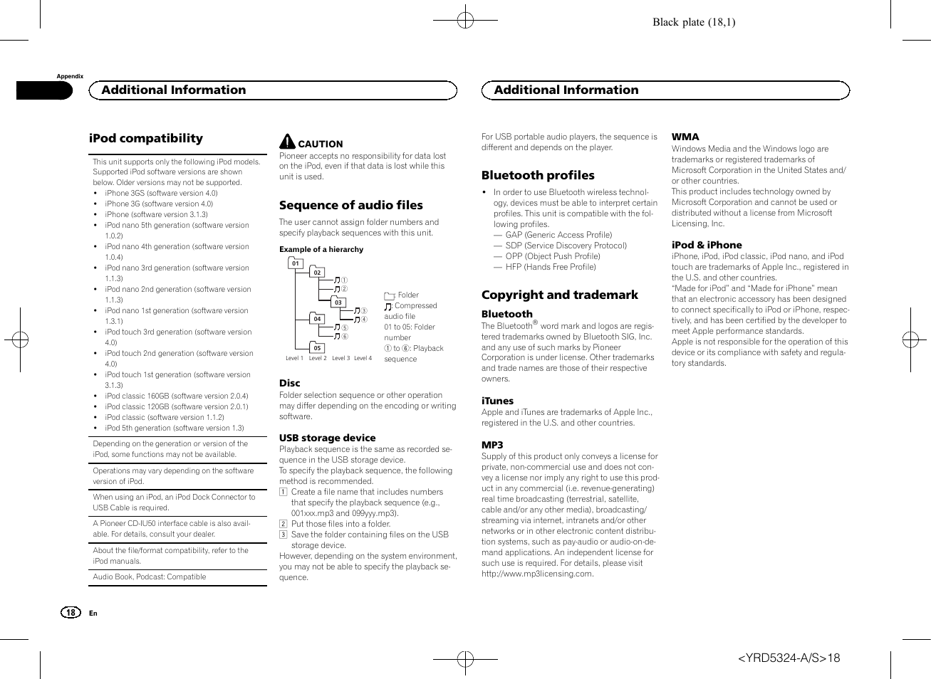 Ipod compatibility, Sequence of audio files, Bluetooth profiles | Copyright and trademark, Additional information | Pioneer DEH-73BT User Manual | Page 18 / 64