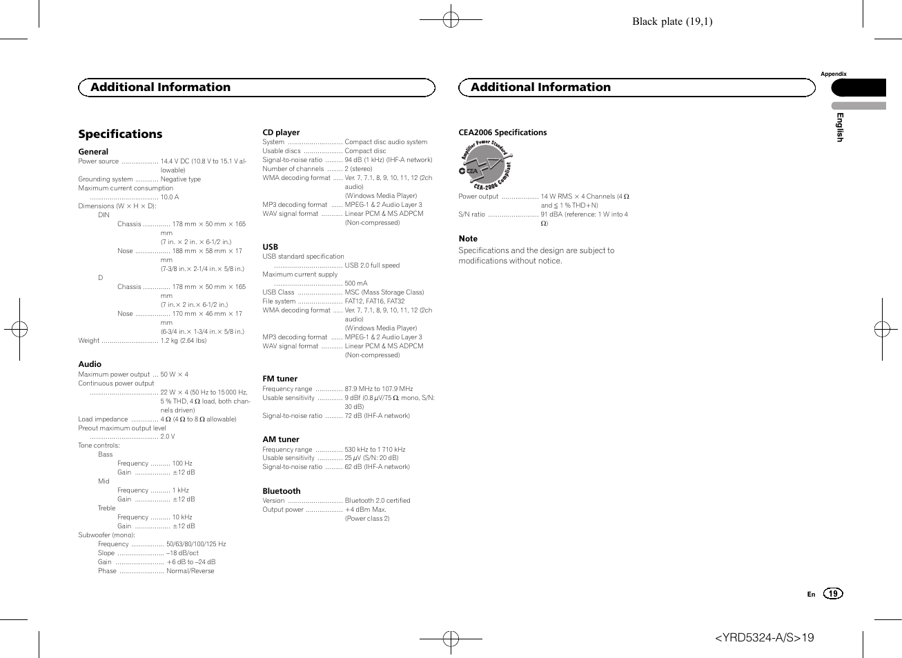 Specifications, Additional information, Black plate (19,1) | Pioneer DEH-73BT User Manual | Page 19 / 64