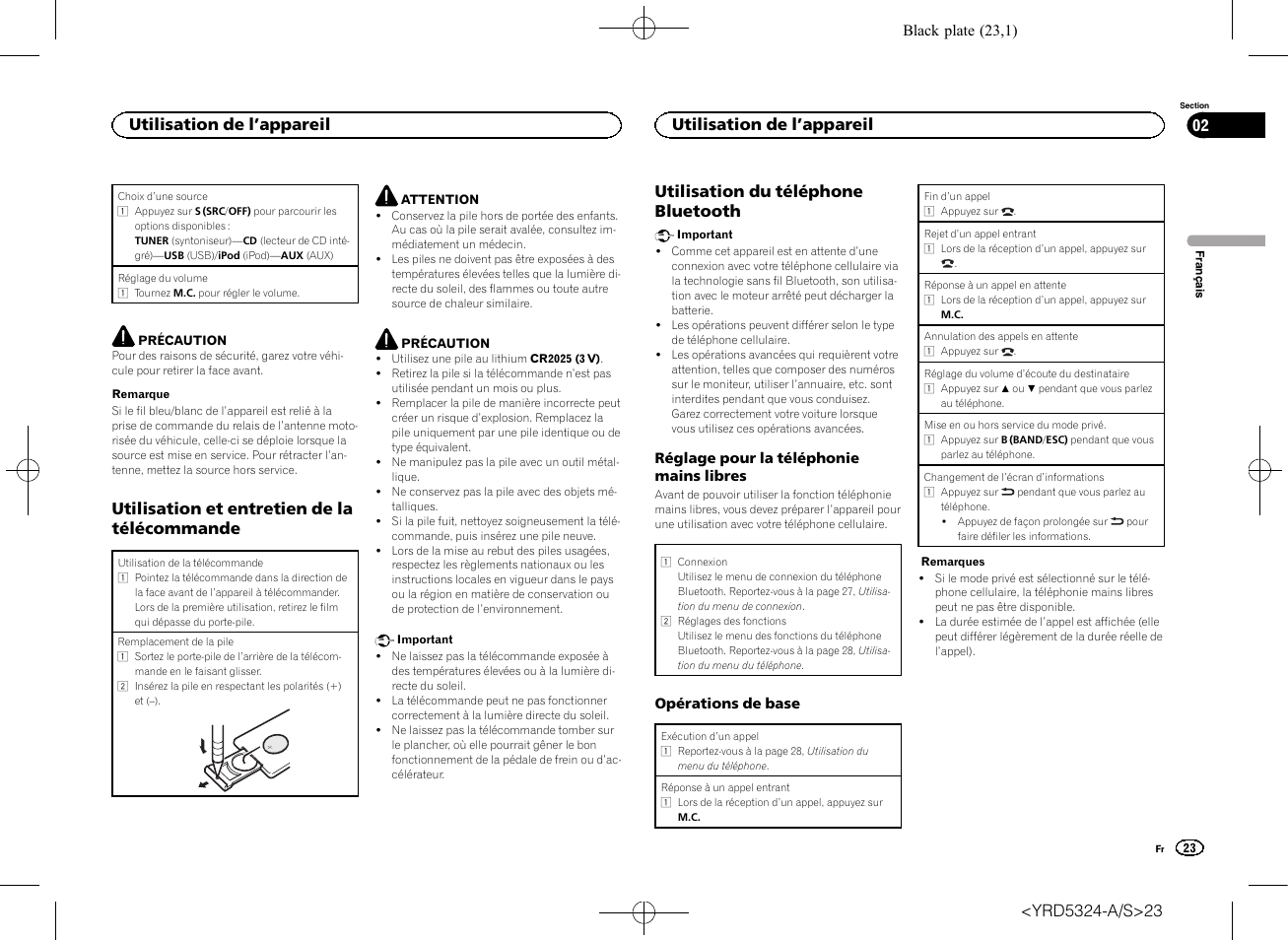 Utilisation et entretien de la télécommande, Utilisation du téléphone bluetooth, Utilisation de l ’appareil 02 | Utilisation de l ’appareil | Pioneer DEH-73BT User Manual | Page 23 / 64