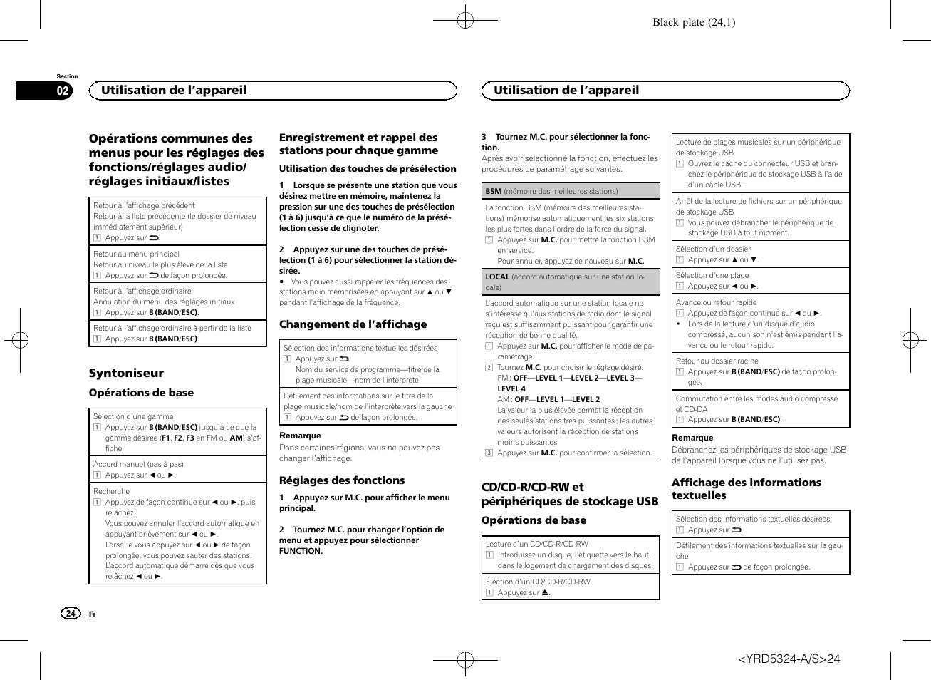 Syntoniseur, Cd/cd-r/cd-rw et périphériques de stockage usb, Utilisation de l ’appareil 02 | Utilisation de l ’appareil | Pioneer DEH-73BT User Manual | Page 24 / 64