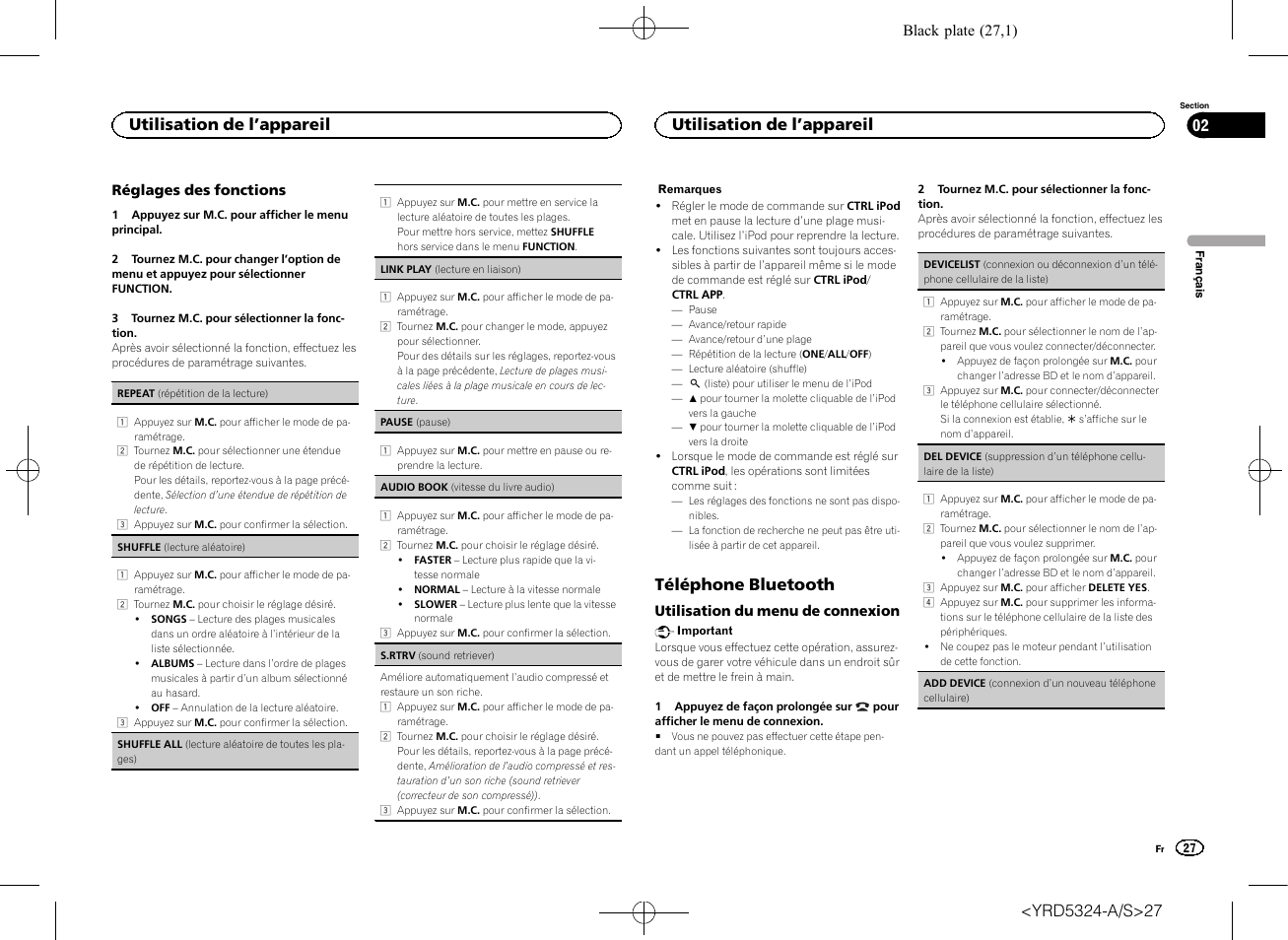 Téléphone bluetooth, Utilisation de l ’appareil 02, Utilisation de l ’appareil | Pioneer DEH-73BT User Manual | Page 27 / 64