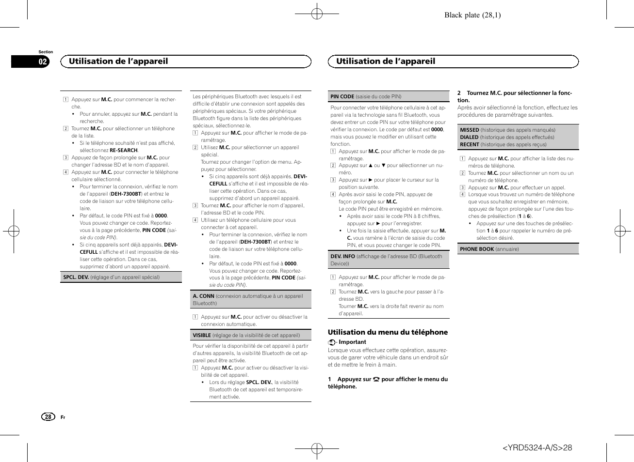 Menu du téléphone, Utilisation de l ’appareil 02, Utilisation de l ’appareil | Pioneer DEH-73BT User Manual | Page 28 / 64