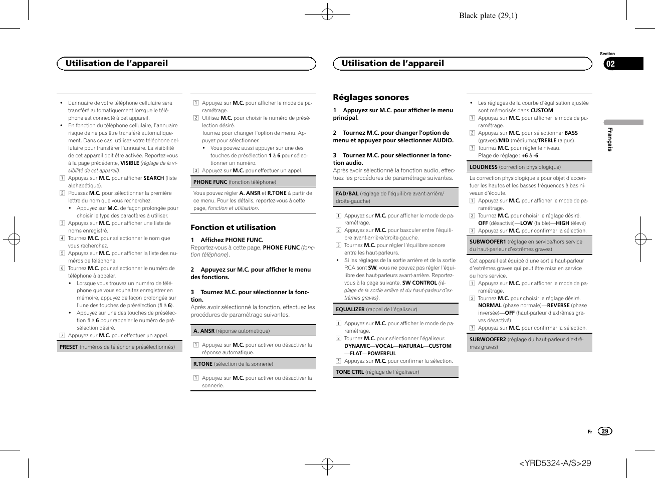 Réglages sonores, Utilisation de l ’appareil 02, Utilisation de l ’appareil | Pioneer DEH-73BT User Manual | Page 29 / 64