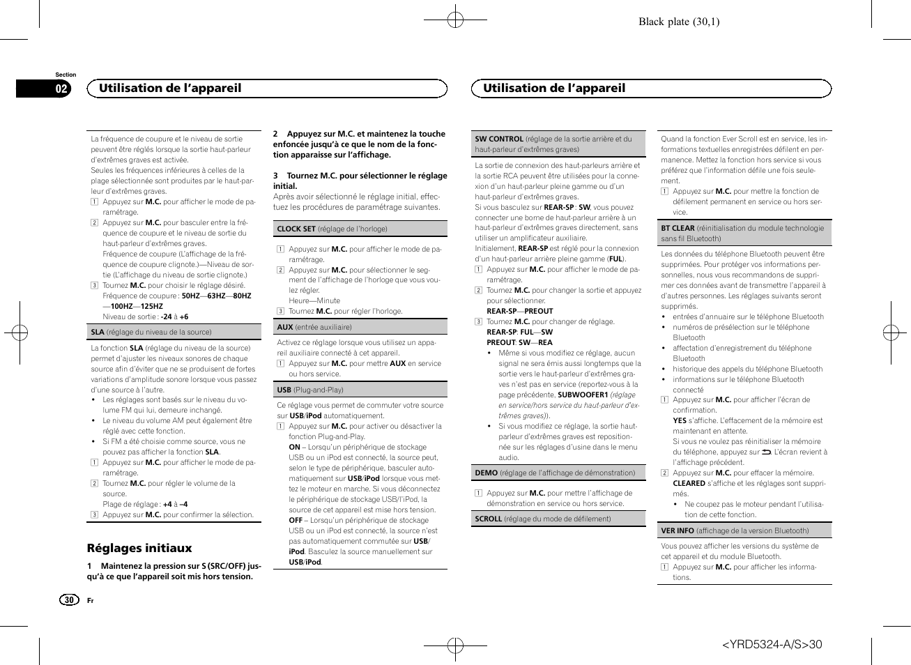 Sw control (ré, Glage de la sortie arrière et du haut-parleur d, Trêmes graves) | Réglages initiaux, Utilisation de l ’appareil 02, Utilisation de l ’appareil | Pioneer DEH-73BT User Manual | Page 30 / 64